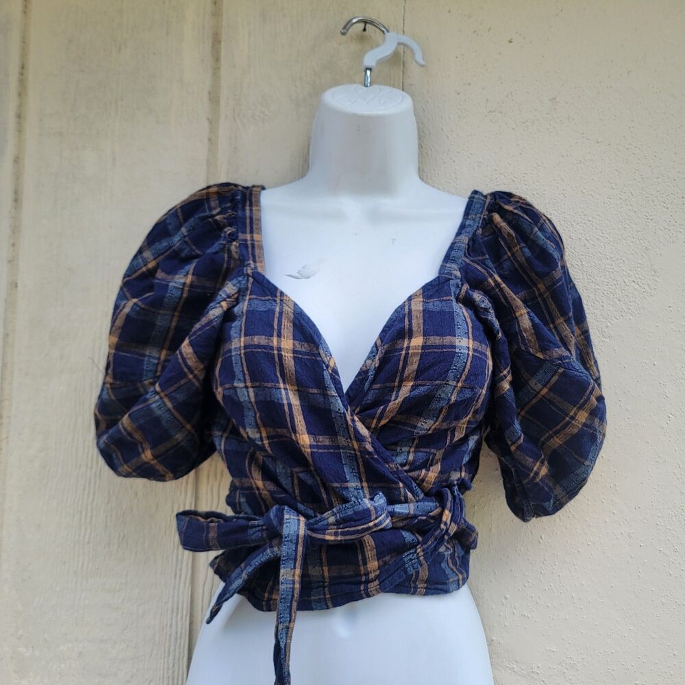 Madewell sweetheart wrap top puffy slv tatran plaid sz xs